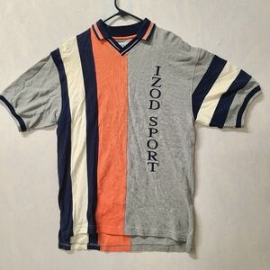 Vintage 90s  IZOD Polo Mens Shirt Small  W/ Wide  Stripes Black White  Orange